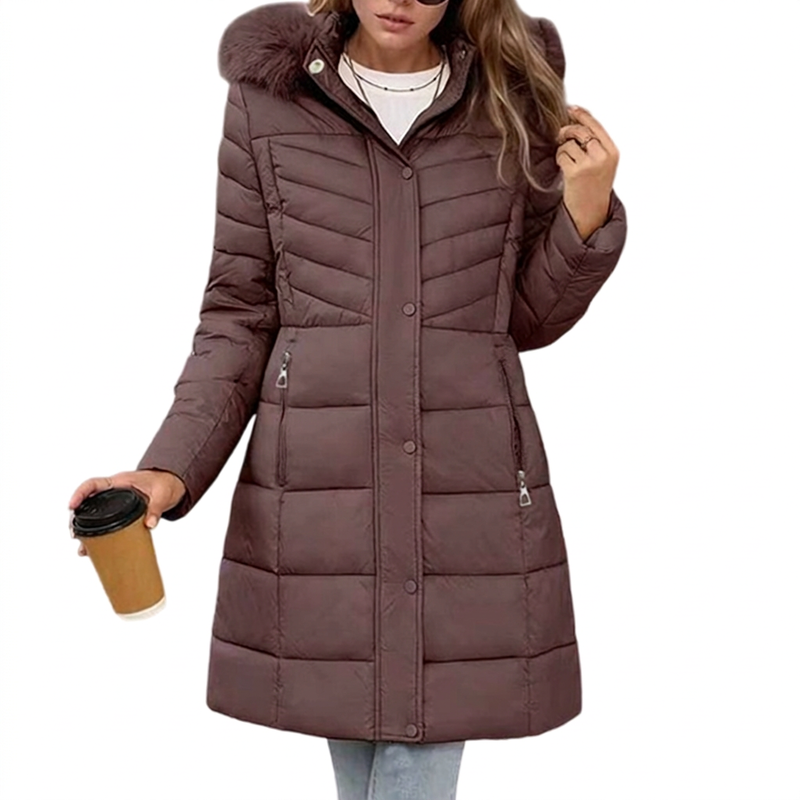 Chevronwarm | Longline Puffer Coat mit Pelzkapuze