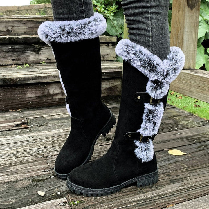 Georgina | Cozy knee-high faux suede boots with fur trim and buckles