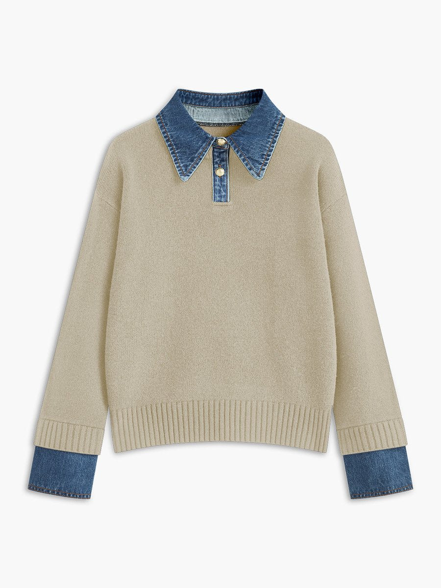 Victoria | Elegant Women's Knit Sweater with Denim Collar