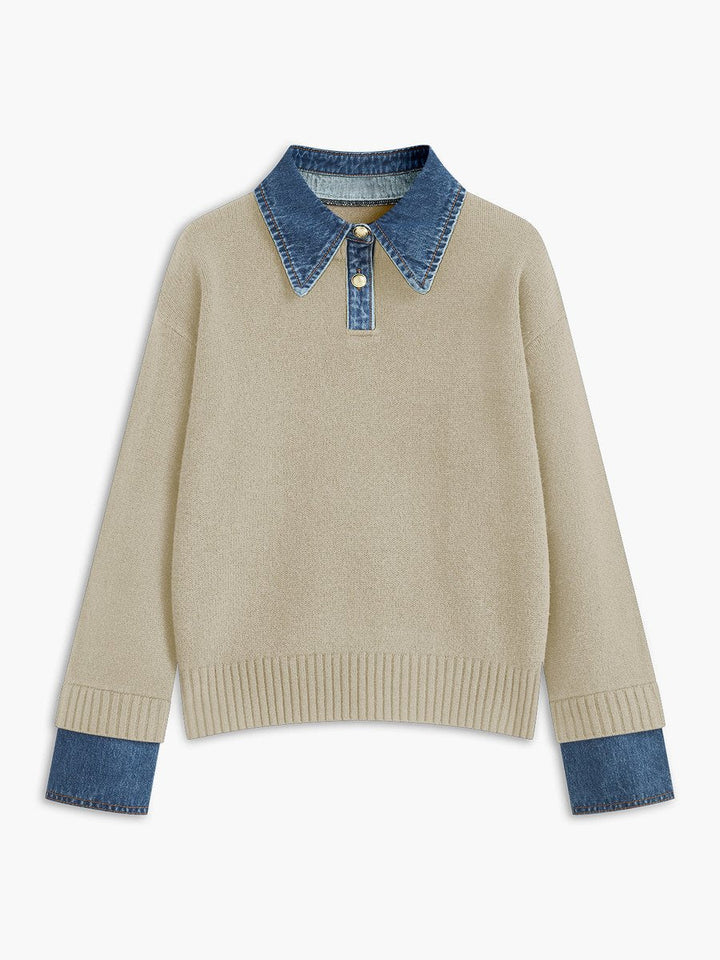 Victoria | Elegant Women's Knit Sweater with Denim Collar
