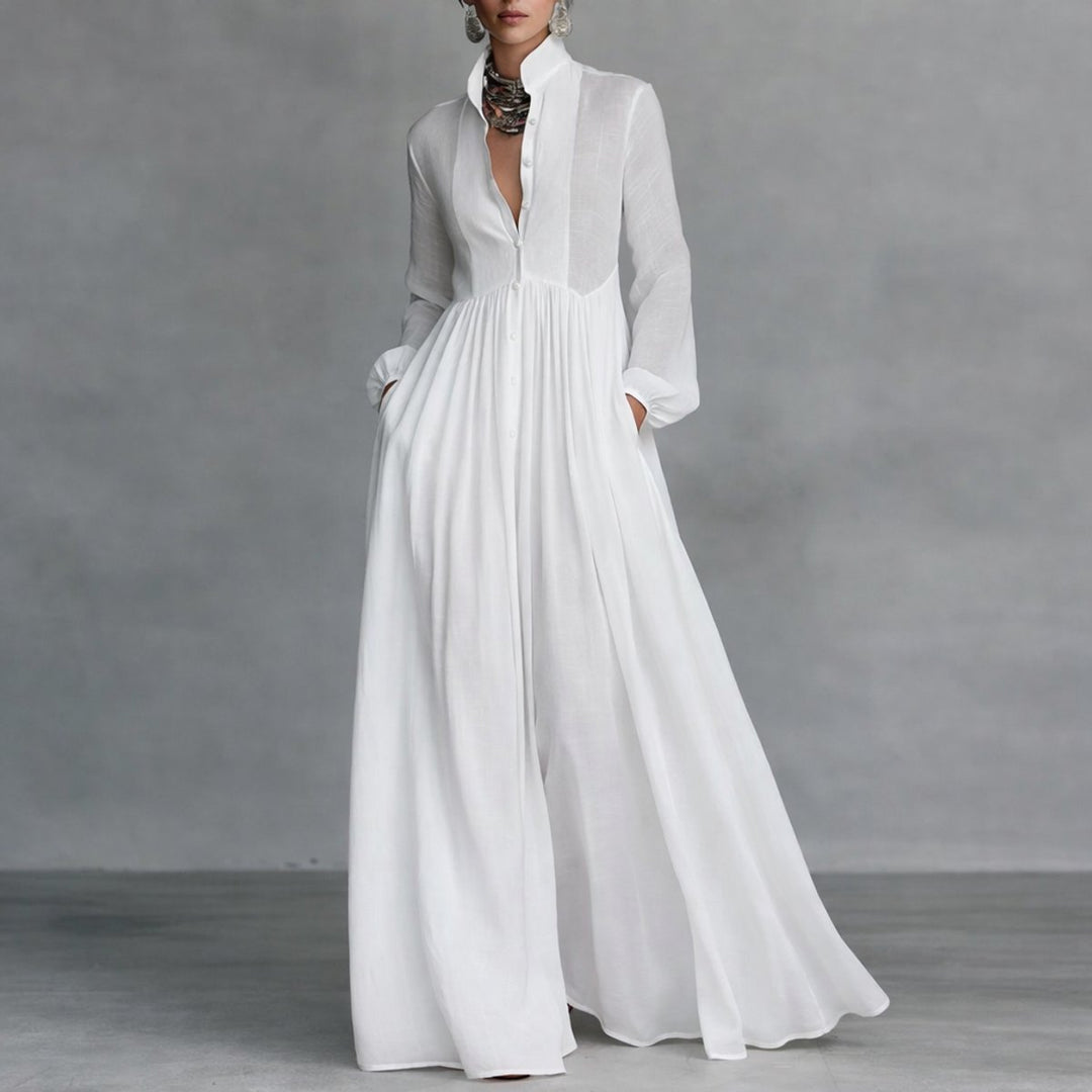 Marie | Elegant maxi shirt dress with stand collar and long sleeves