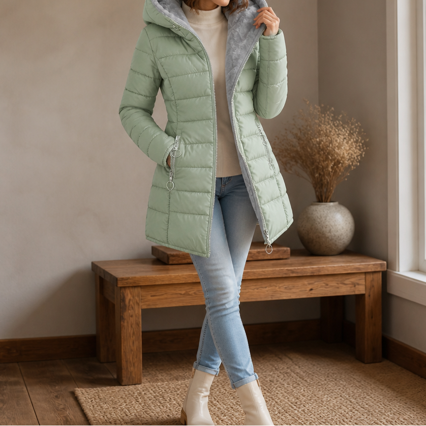 Wintervale | Plush-Lined Hooded Longline Puffer Coat – Warm und Chic für den Winter