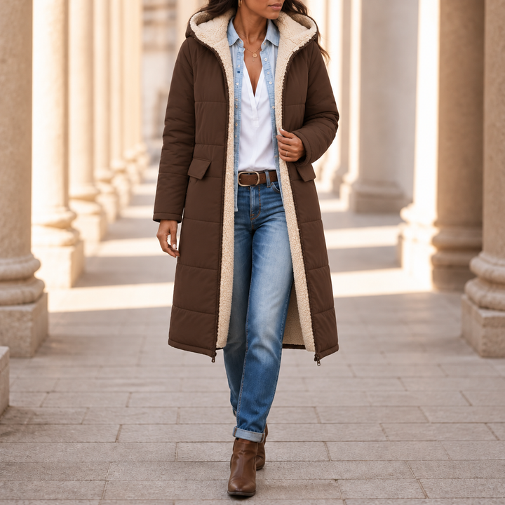 Wintervia | Sherpa Windproof Long Coat – Langer Kapuzenmantel