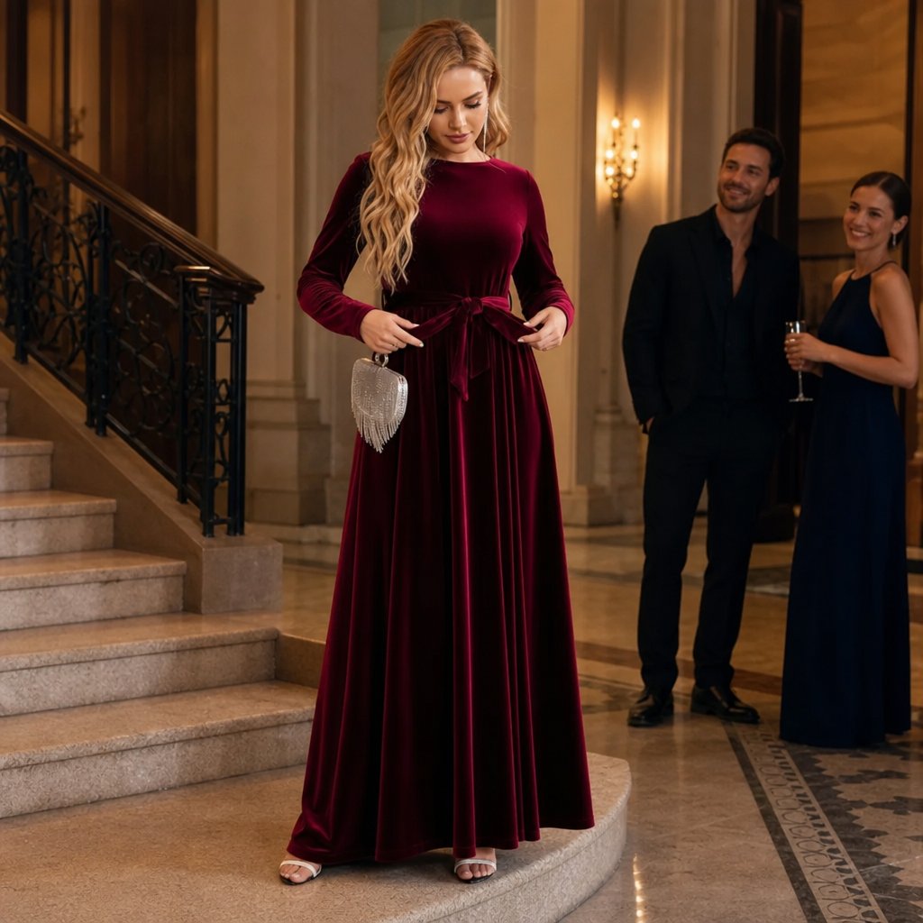 Velvora | A-Line Maxi Dress aus Samt – Elegantes Design mit Taillengurt für besondere Anlässe