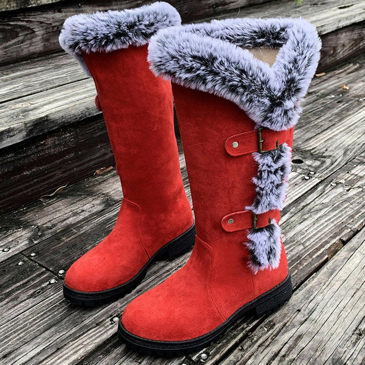 Georgina | Cozy knee-high faux suede boots with fur trim and buckles