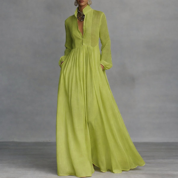 Marie | Elegant maxi shirt dress with stand collar and long sleeves