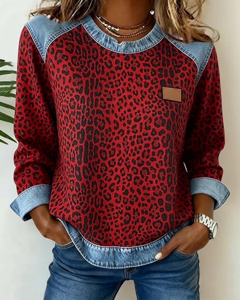 Lina | Pullover – Leopardenmuster Denim Patchwork für Frauen