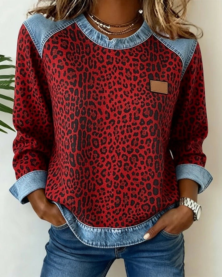 Lina | Pullover – Leopardenmuster Denim Patchwork für Frauen