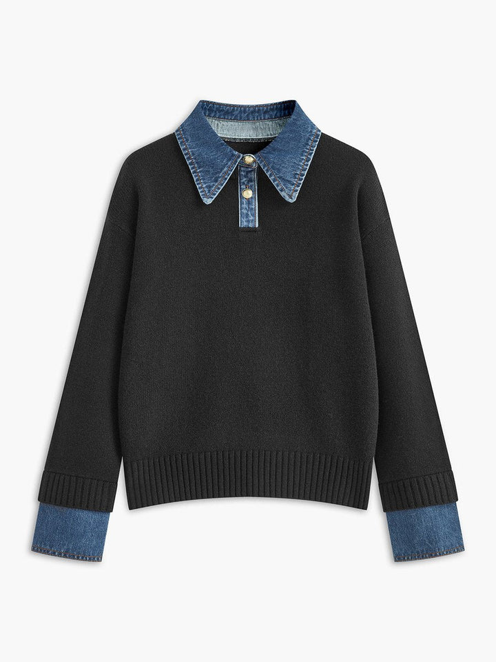 Victoria | Elegant Women's Knit Sweater with Denim Collar