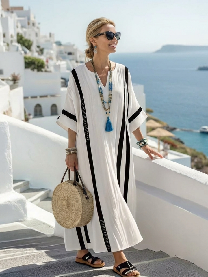 Elvienne | Maxi Kleid – Kurzarm mit Farbblock-Streifen