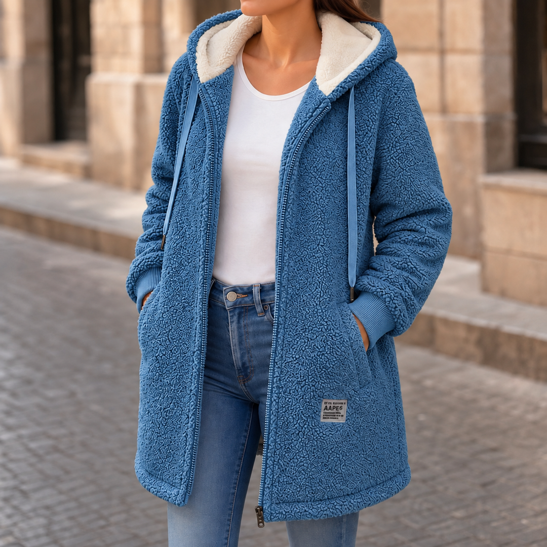 Veloura | Hooded Mid-Length Faux-Shearling Jacket für Frauen