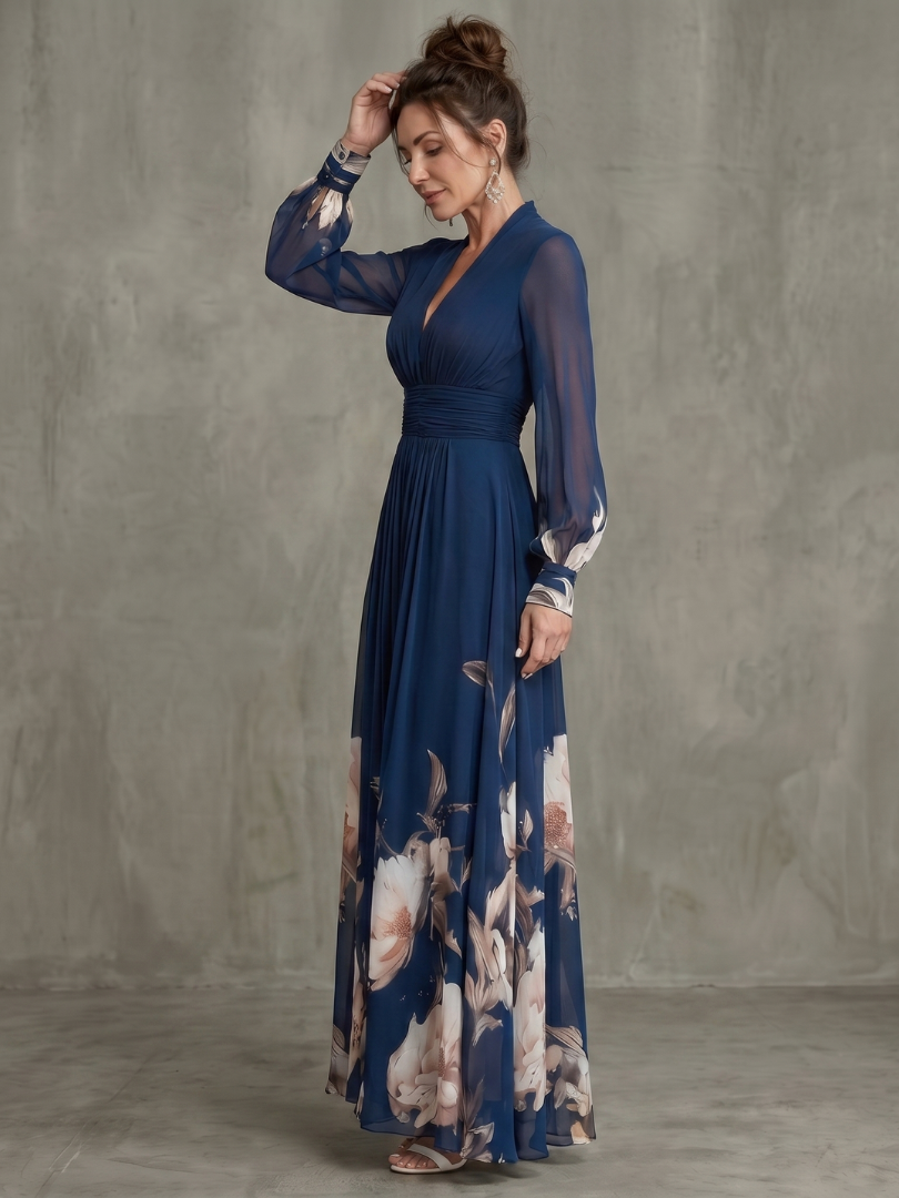 Ziva | Maxi Dress – Elegante Plissierte Sheer Ärmel