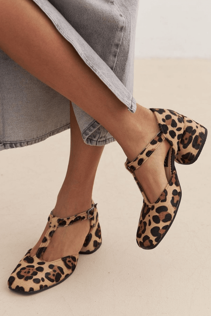 London | T-Strap Block Heels – Stylisches Leopardenmuster für Frauen