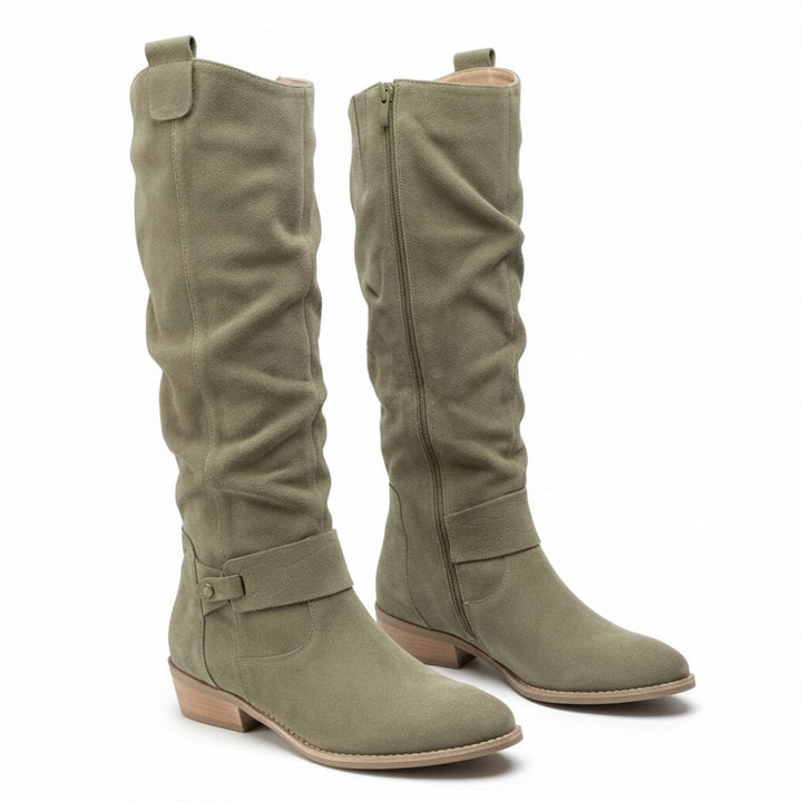 Zara | Elegant knee-high slouch boots with a low block heel