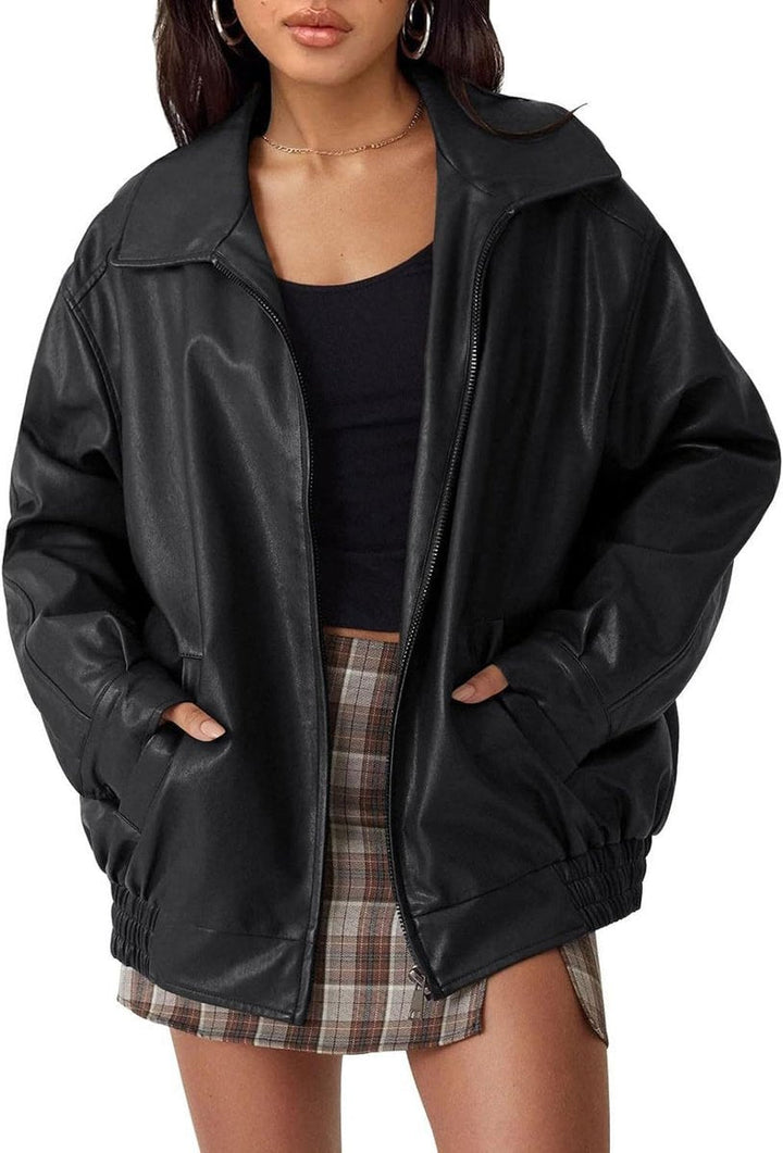 Ava | Bomber Jacket – Oversized Faux Leather for Women