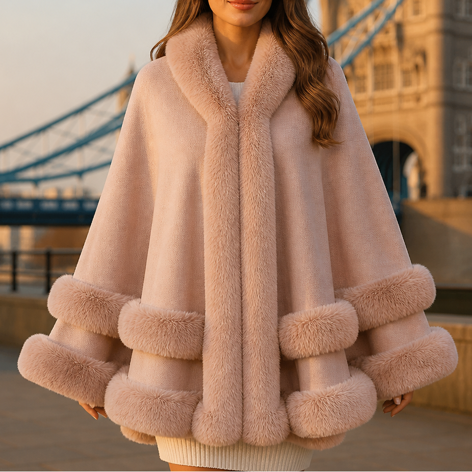 Wearbella | Hooded Knit Cape Coat mit Faux-Fur-Besatz