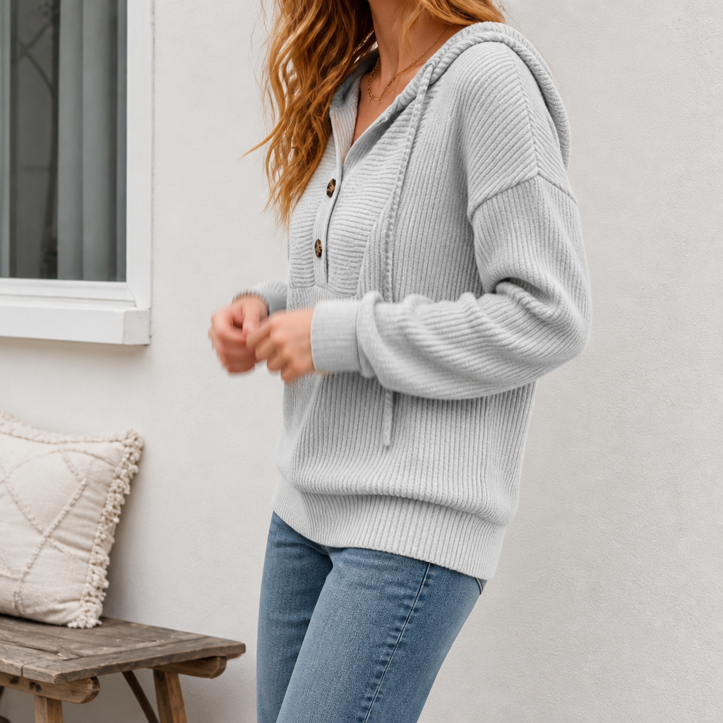 Wovella | Ribbed Knit Button-Neck Hoodie Sweater