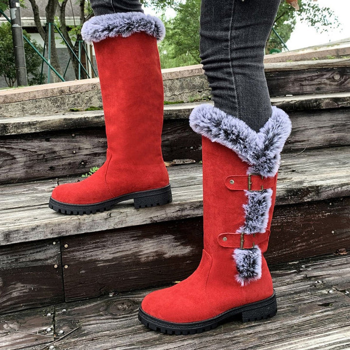 Georgina | Cozy knee-high faux suede boots with fur trim and buckles
