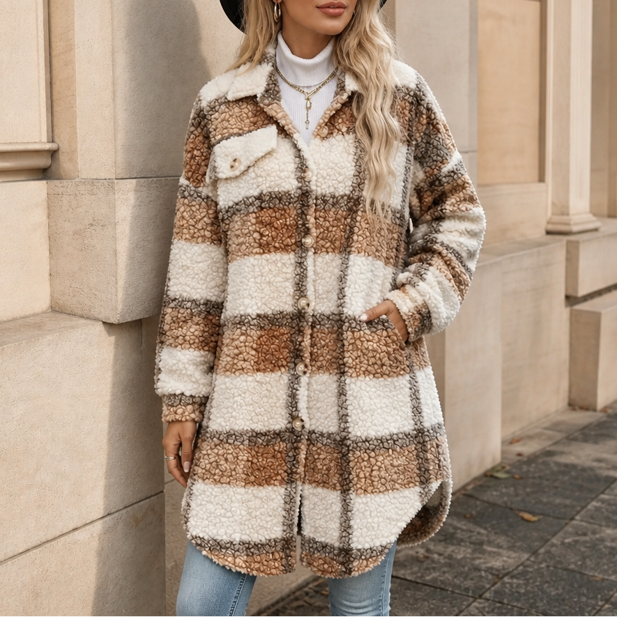 Fairloch | Mid-Length Coat mit Karo-Muster und Sherpa-Futter