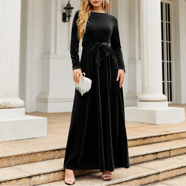 Velvora | A-Line Maxi Dress aus Samt – Elegantes Design mit Taillengurt für besondere Anlässe