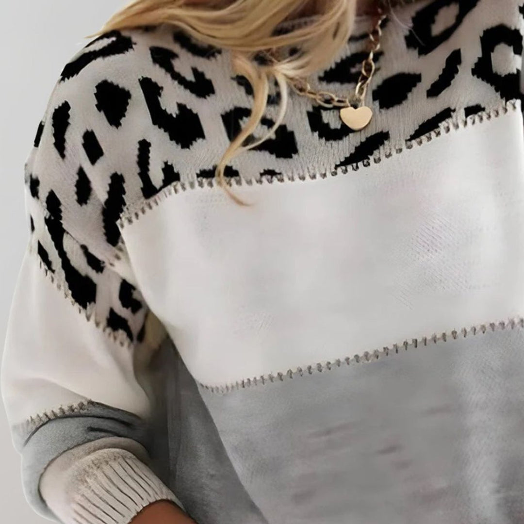 Sophie | Damen Strickpullover – Auffälliges Leopardenmuster mit Colorblock