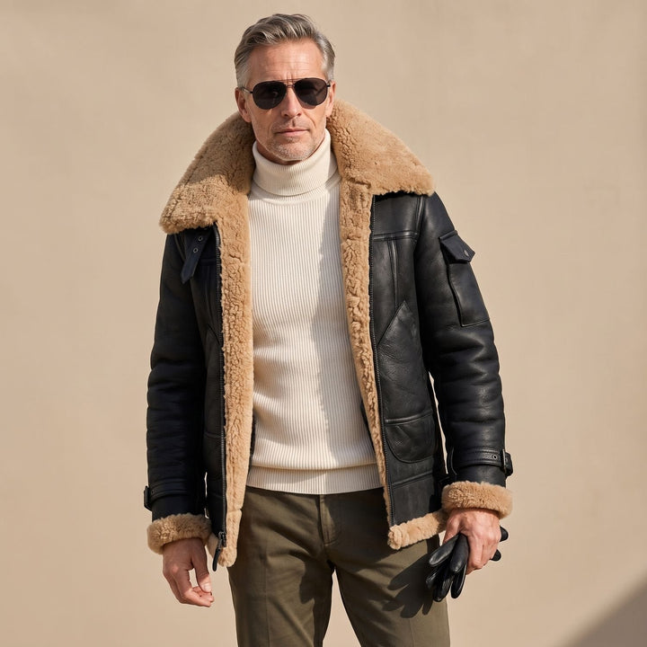 Felix | Herren Leder Fliegerjacke mit Teddyfell-Futter