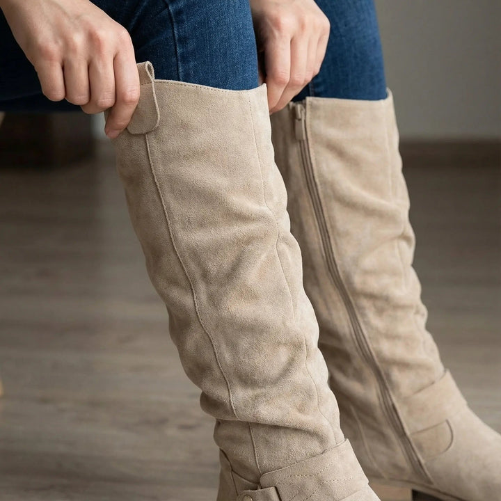 Zara | Elegant knee-high slouch boots with a low block heel