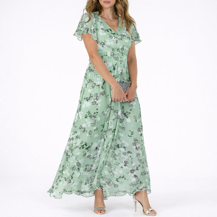 Scarlett | Florales Herbst-Hochzeits Maxikleid aus Chiffon mit Volantärmeln