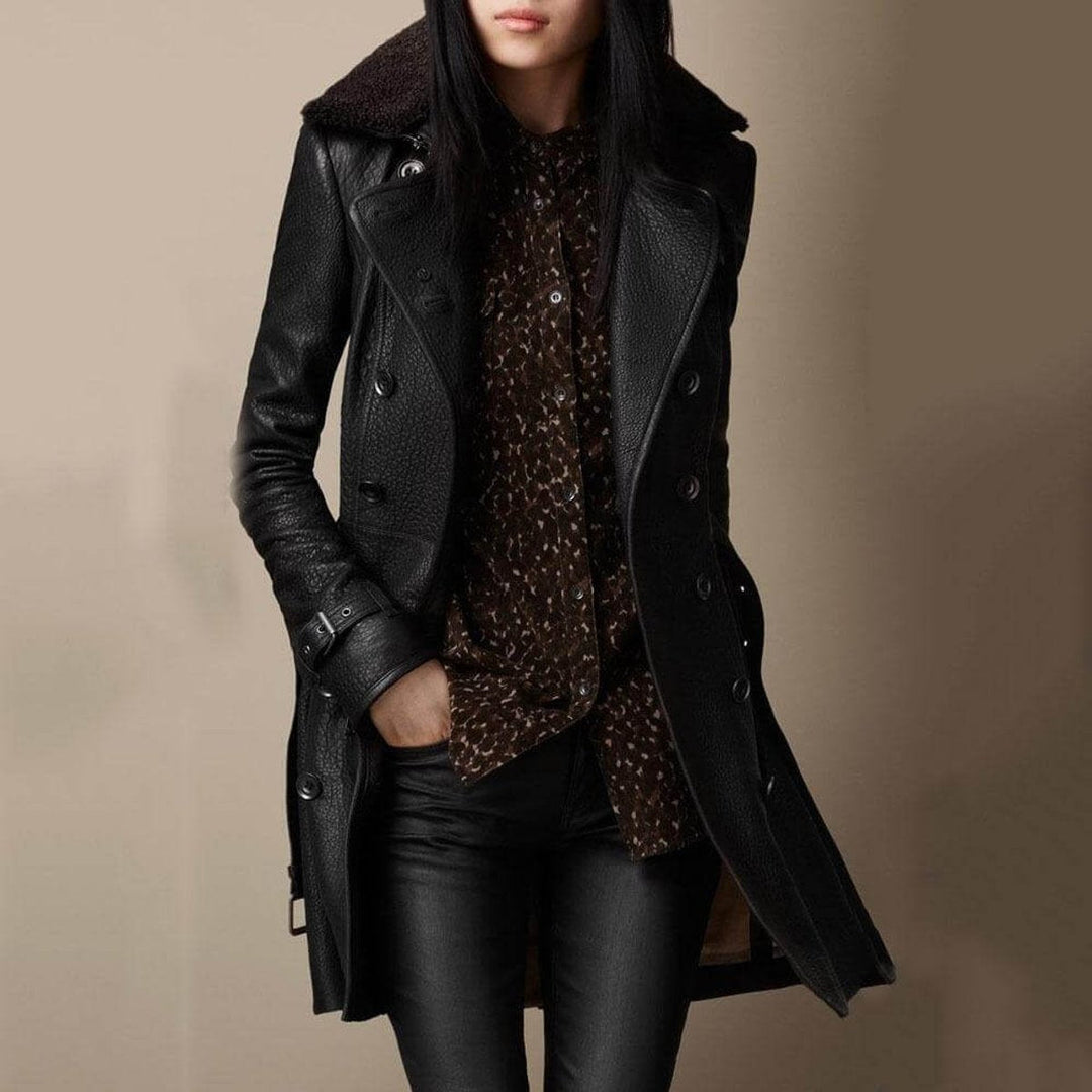 Olivia | Double-Breasted Leather Jacket with Shearling Collar