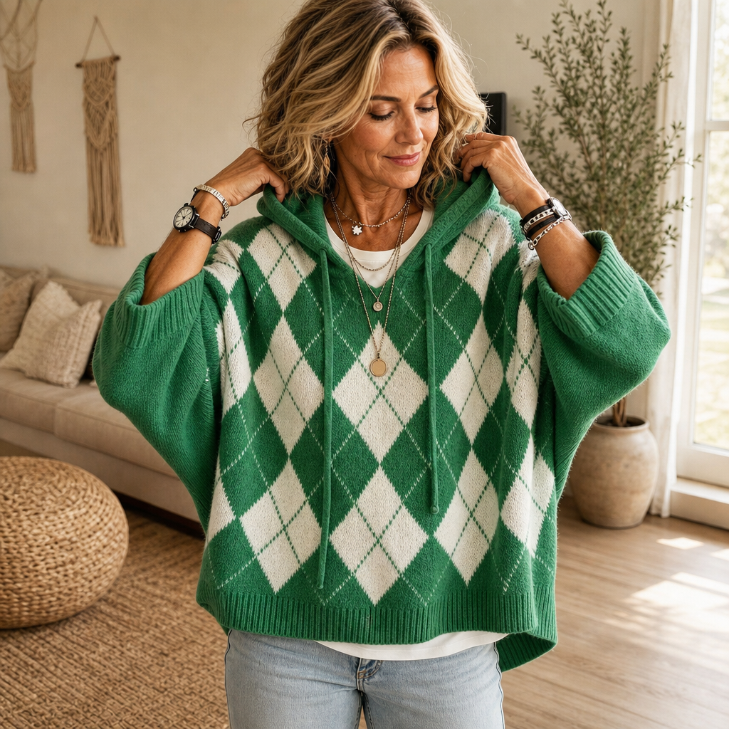 Wrapbella | Hooded Argyle Poncho Sweater – Bequemer Stil für jeden Tag