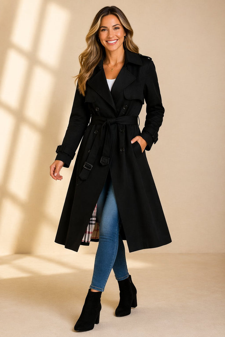 Morgan | Long Double-Breasted Trench Coat with Waist Belt