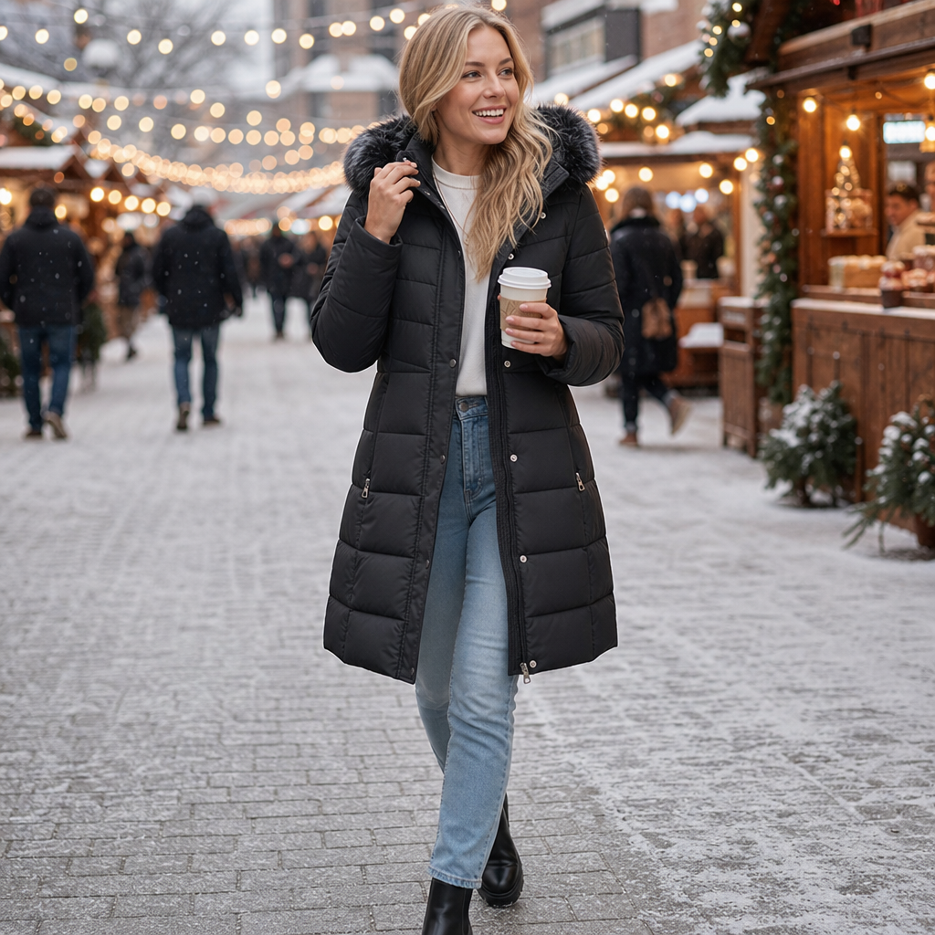 Chevronwarm | Longline Puffer Coat mit Pelzkapuze