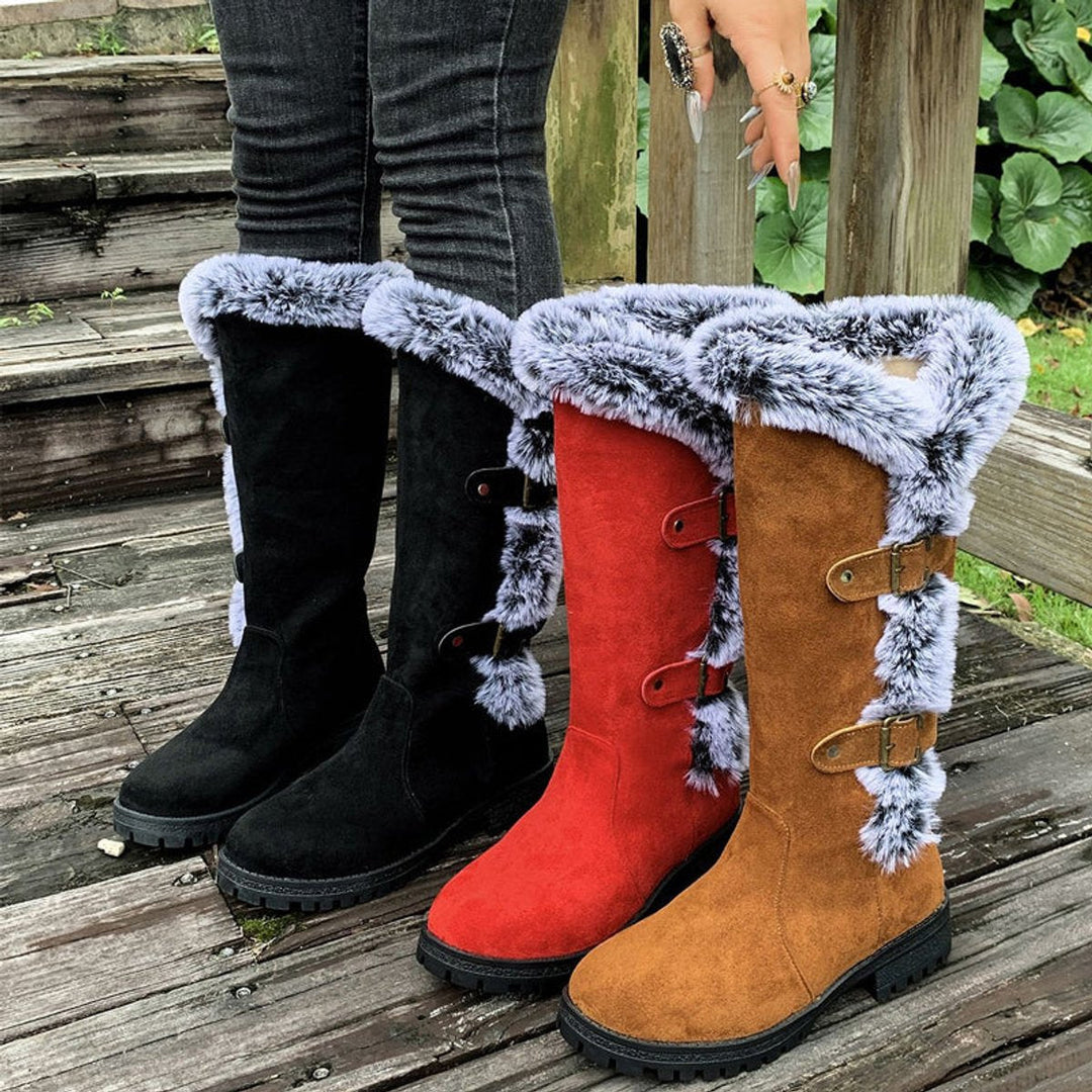 Georgina | Cozy knee-high faux suede boots with fur trim and buckles