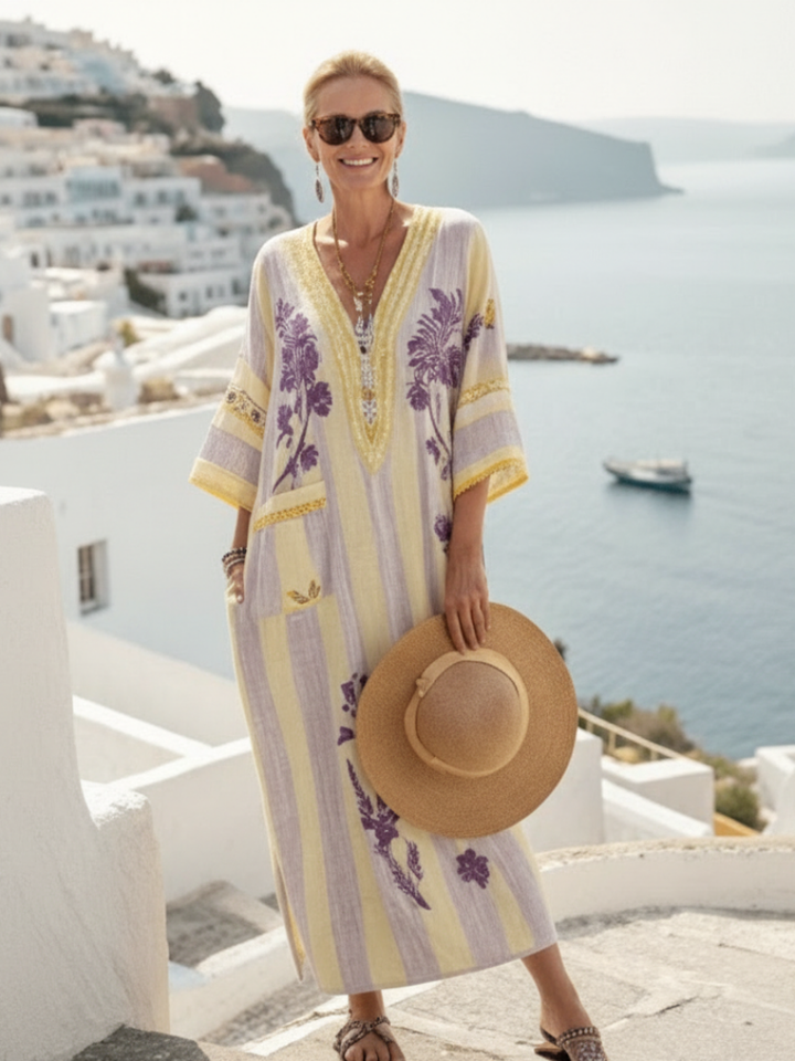 Aurelia | Maxi Kleid – V-Ausschnitt mit Halbärmeln und Streifenmuster