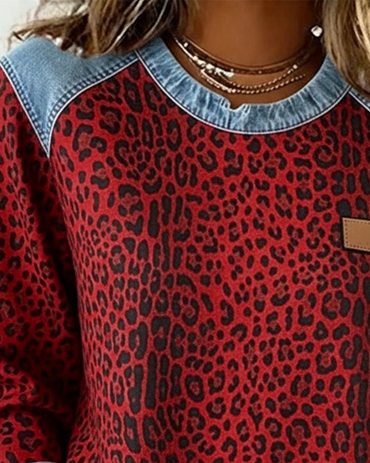 Lina | Pullover – Leopardenmuster Denim Patchwork für Frauen