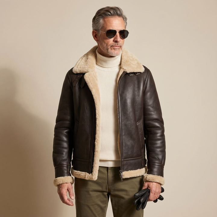 Felix | Herren Leder Fliegerjacke mit Teddyfell-Futter