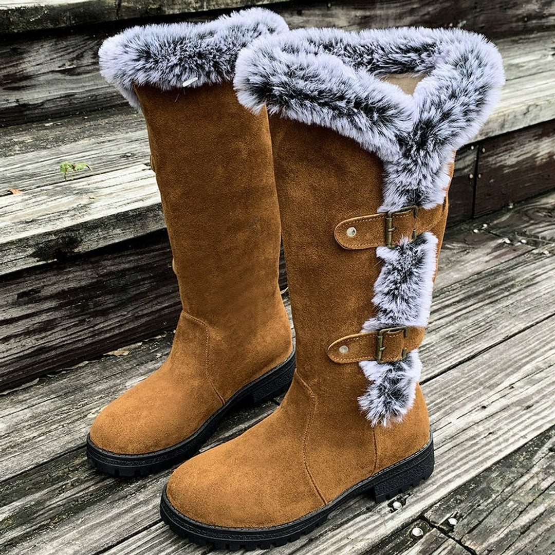 Georgina | Cozy knee-high faux suede boots with fur trim and buckles