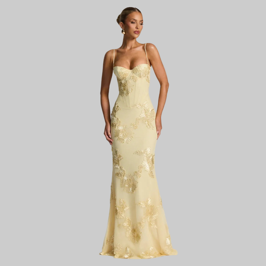 Aelara | Maxikleid Sommer Elegante Figurbetonte Silhouette Blumenapplikationen 1
