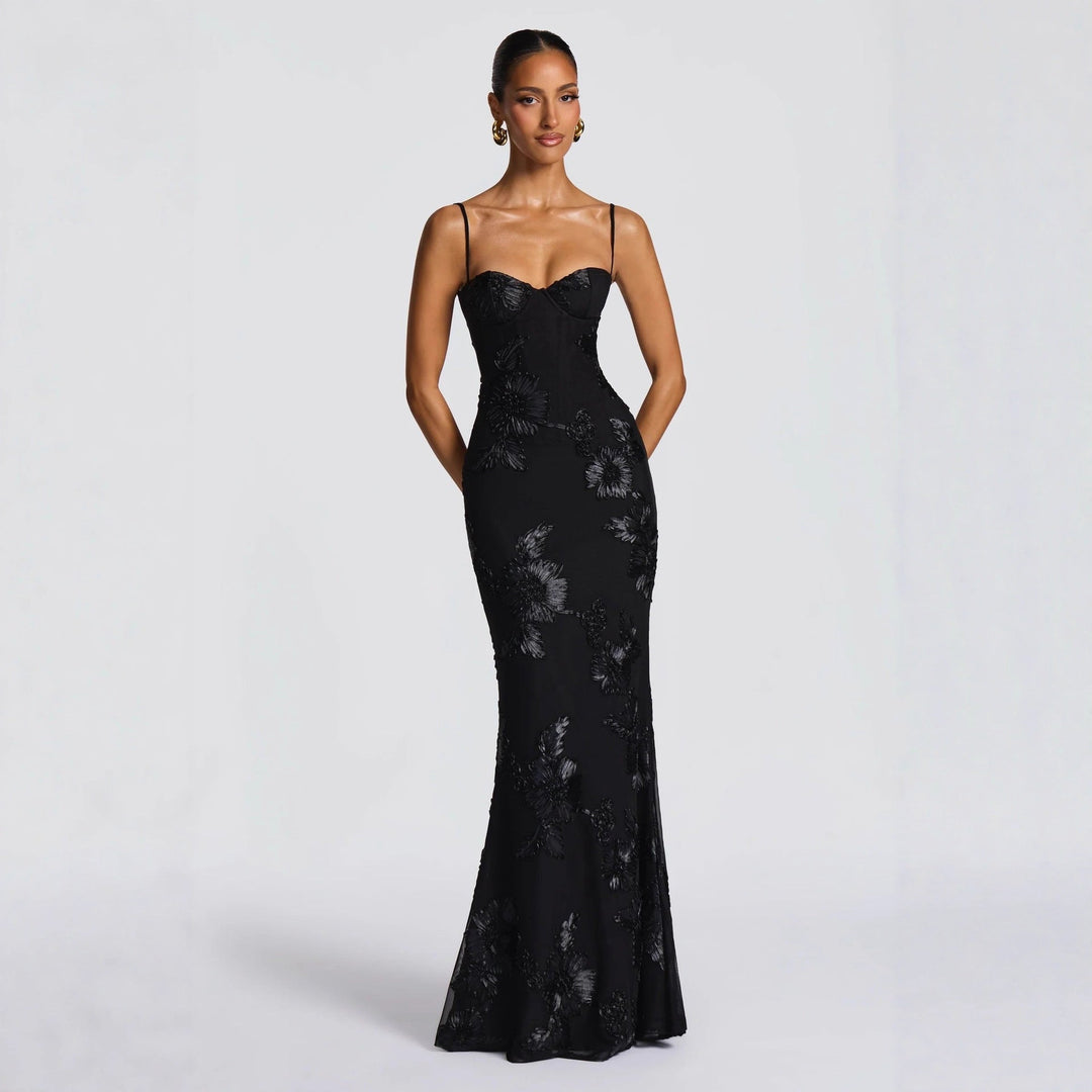 Aelara | Maxikleid Sommer Elegante Figurbetonte Silhouette Blumenapplikationen 4