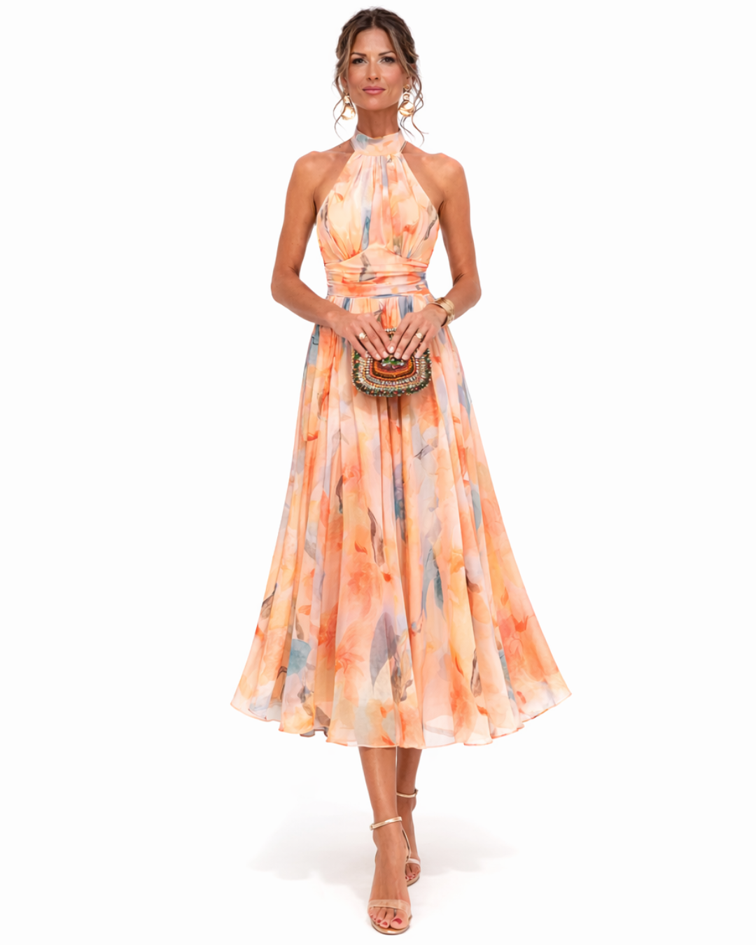 Aurelia | Elegantes Neckholder Maxi-Kleid mit Aquarelldruck 0