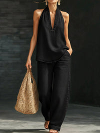 Melanie | Stylish denim set with V-neck and wide leg
