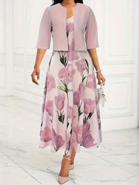 Isabel| Elegant maxi dress set with floral print and matching jacket