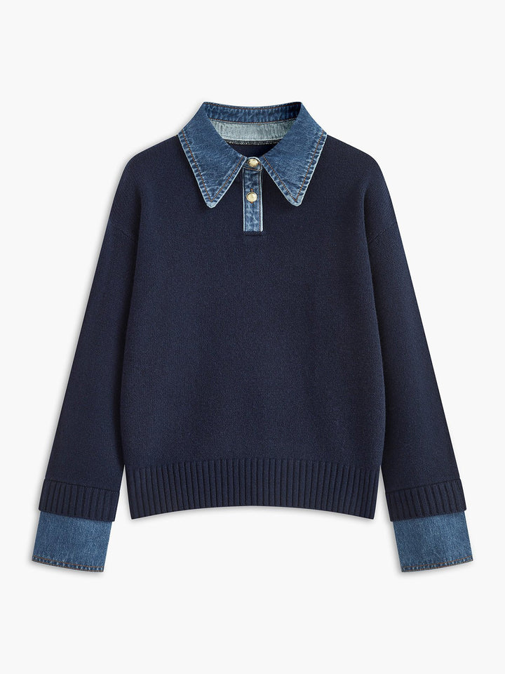 Charlotte | Bequemer und warmer Strickpolopullover mit Jeanskragen 0