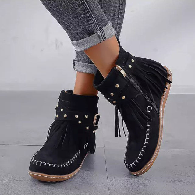 Cynthia | Bequeme, Stilvolle Stiefeletten Damen Schwarz mit Fransen 1