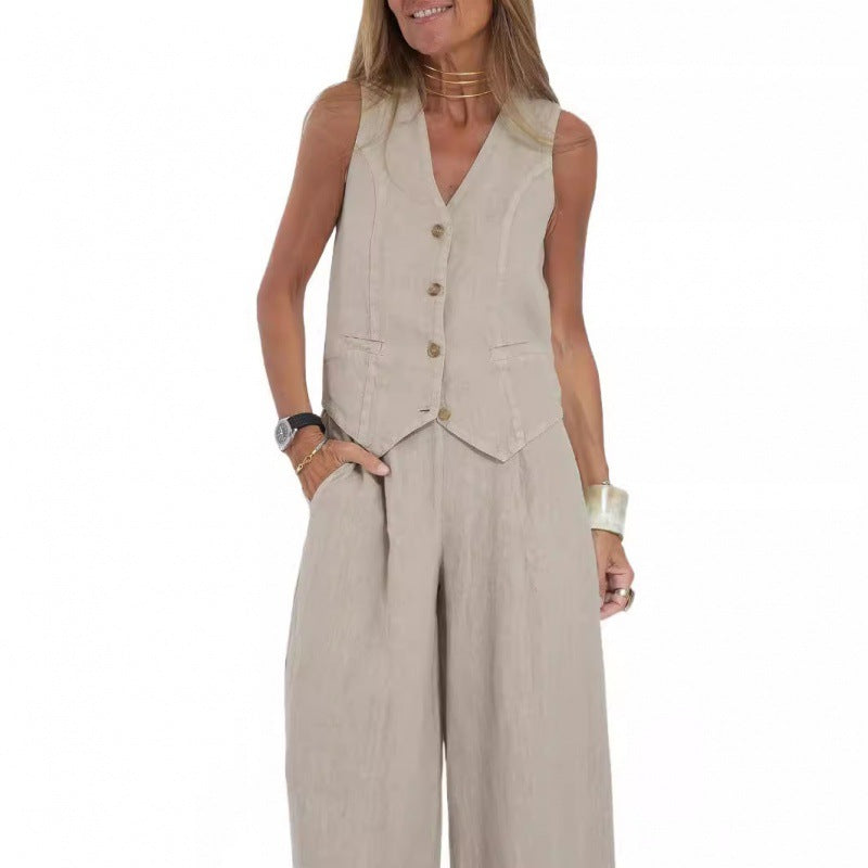 Damen elegantes Leinen-Weste mit Knopfdetaillierung Drune 5
