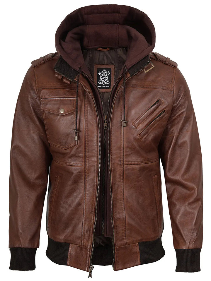 Edinburgh | Elegante Herren Leder Bomberjacke mit abnehmbarer Kapuze 0