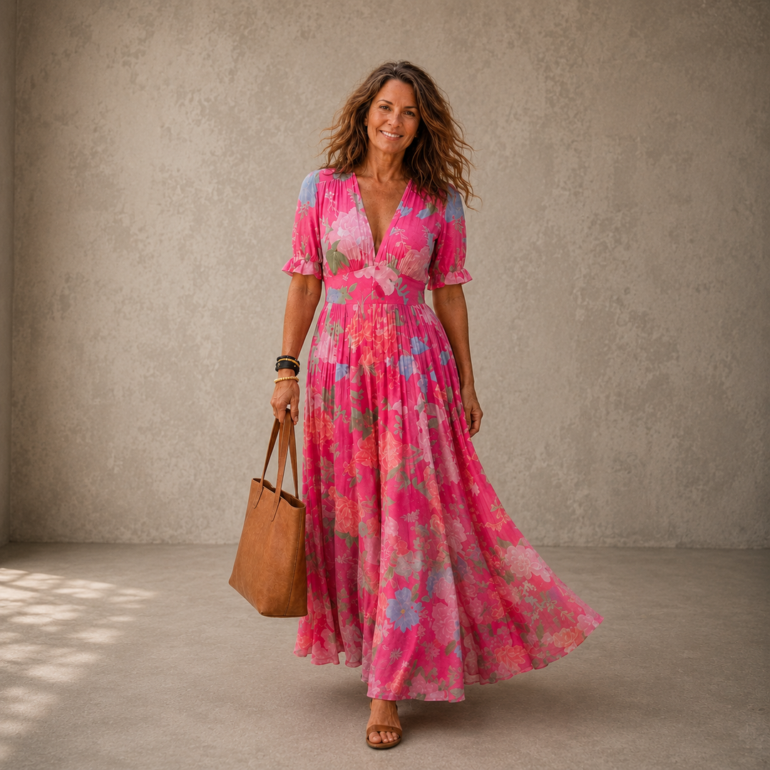 Elara | Elegantes, Plissiertes Maxikleid mit Blumenmuster für Frauen 1