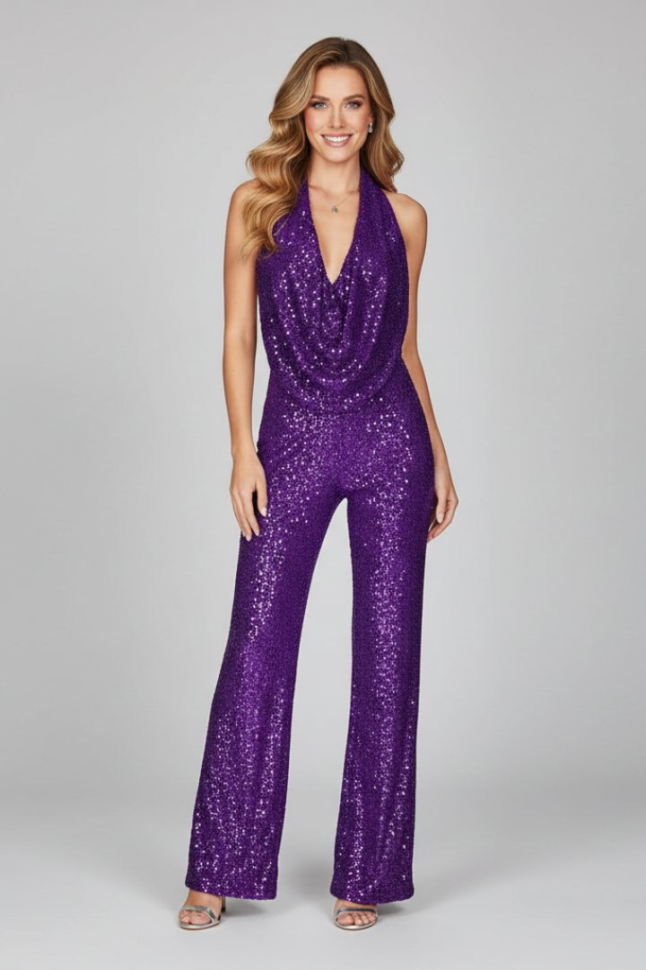 Elizabeth | Glamourös und stilvoll Pailletten Halter Jumpsuit 5