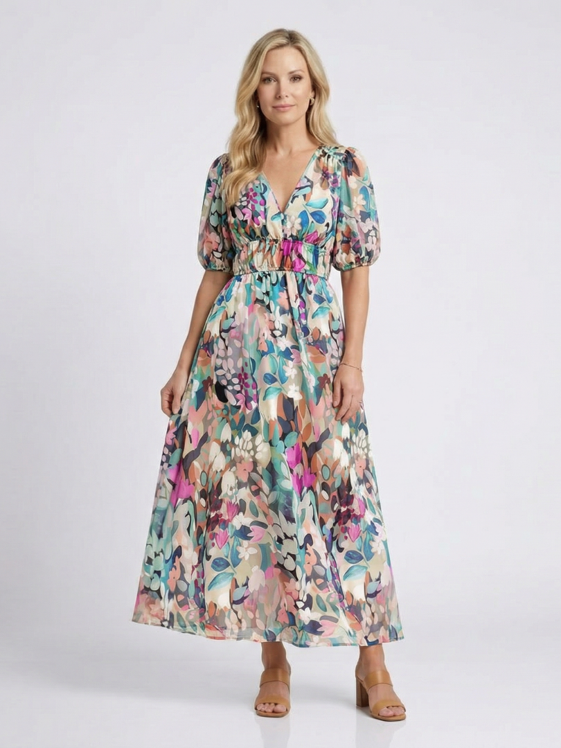 Elysia | Florales, Elegantes Midikleid mit V-Ausschnitt für Festliche Anlässe – Hochzeitsgast Kleid Damen 0