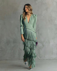 Sophie | Elegant and dramatic fringed maxi dress with V-neckline